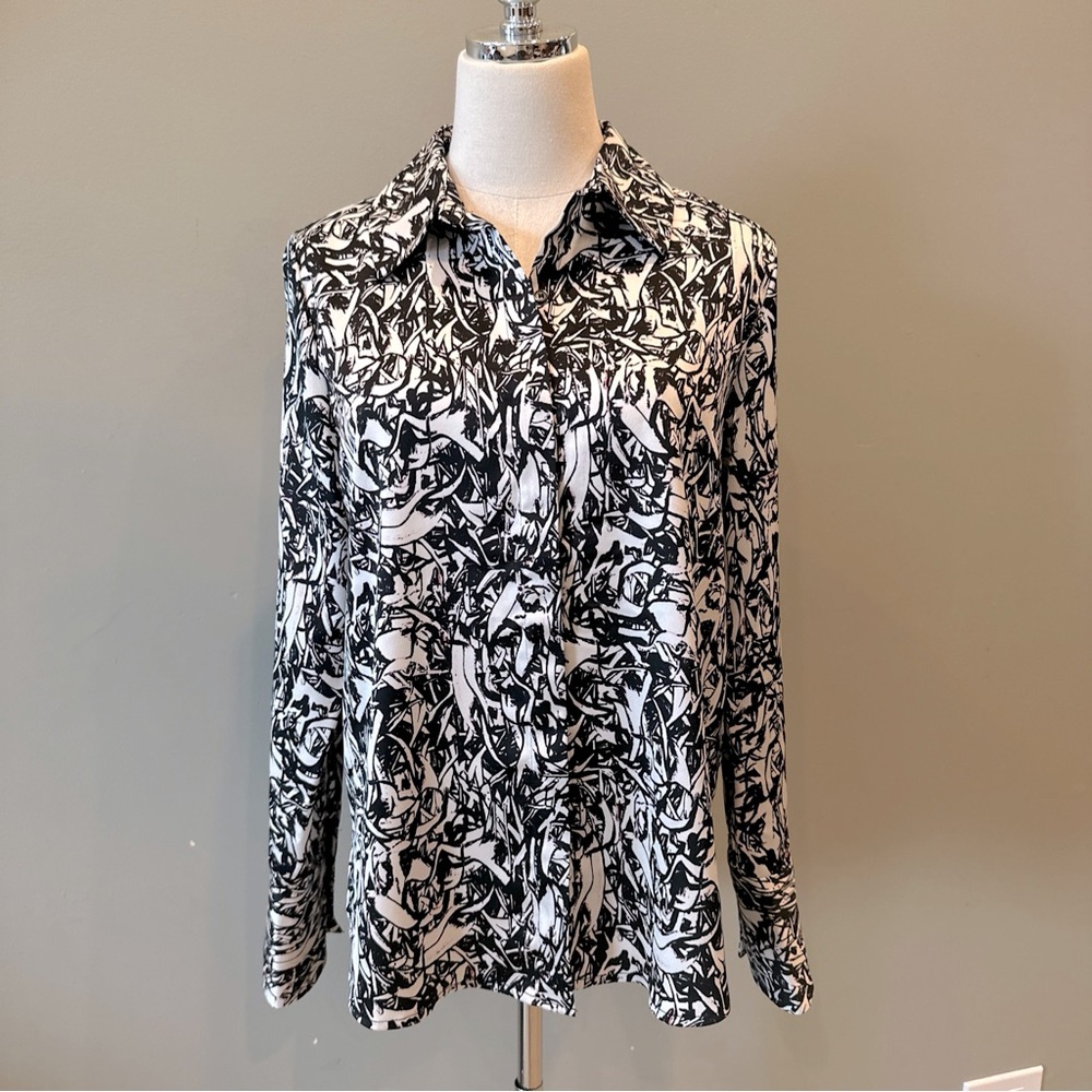 HALOGEN Black and White Print Long Sleeve Shirt Sz M